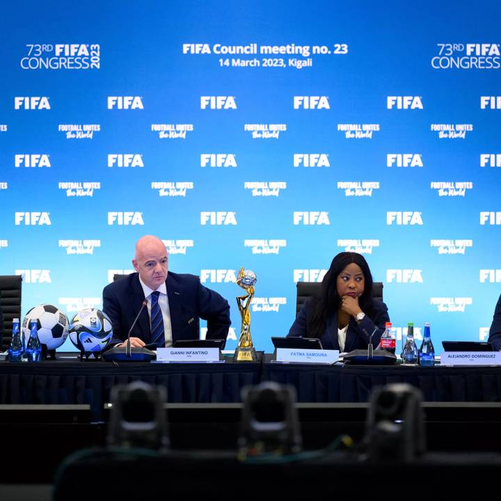 KIGALI, RWANDA - MARCH 14: (L-R) FIFA Senior Vice-President HE Sheikh Salman Bin Ebrahim Al Khalifa, FIFA President Gianni Infantino, FIFA Secretary General Fatma Samoura and FIFA Vice-President and CONMEBOL President Alejandro Dominguez during a FIFA Council Meeting as part of the 73rd FIFA Congress at Marriott Hotel on March 14, 2023 in Kigali, Rwanda. (Photo by Harold Cunningham/FIFA)