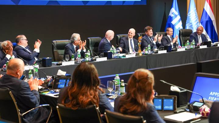 BANGKOK, THAILAND - MAY 15: FIFA President Gianni Infantino (L) congratulates FIFA Secretary General Ad interim Mattias Grafström after his appointment as FIFA Secretary General during the FIFA Council Meeting at The Athenee Hotel on May 15, 2024. (Photo by Pascal Bitz/FIFA)