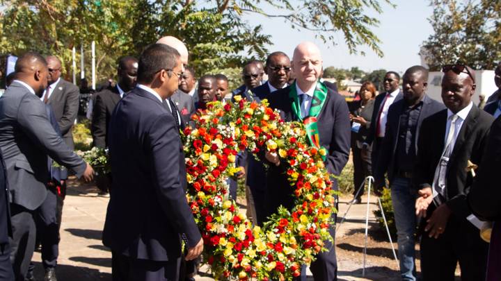 LUSAKA, ZAMBIA - JUNE 13: FIFA President Gianni Infantino lays wreath during a memorial service for the 1993 Gabon Air Disaster at Heroes' Acre as part of his visit to Zambia on June 13, 2024 in Lusaka, Zambia. (Photo by Alvin Mwewa/FIFA)