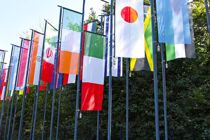 ZURICH, SWITZERLAND - SEPTEMBER 18: Italian flag at half-mast at the Home of FIFA, mourning Italian football legend Salvatore "Totò" Schillaci on September 18, 2024 in Zurich, Switzerland. (Photo by Kurt Schorrer - foto-net/FIFA)