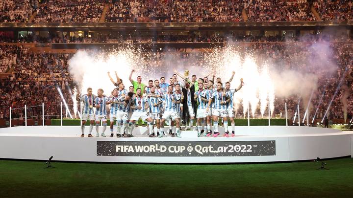 LUSAIL CITY, QATAR - DECEMBER 18: Lionel Messi of Argentina lifts the FIFA World Cup Qatar 2022 Winner's Trophy during the FIFA World Cup Qatar 2022 Final match between Argentina and France at Lusail Stadium on December 18, 2022 in Lusail City, Qatar. (Photo by Julian Finney/Getty Images)