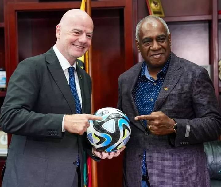 PORT VILA, VANUATU -  AUGUST 04: FIFA President Gianni Infantino meets with the Prime Minister of Vanuatu Ishmael Kalsakau during the FIFA Women's World Cup Australia & New Zealand 2023 on August 04, 2023 in Port Vila, Vanuatu. (Photo by BREJ)  