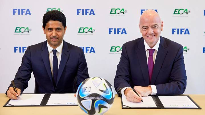 Budapest, Hungary - March 27: FIFA President Gianni Infantino (R) and Chairman of the European Club Association (ECA) Nasser Al-Khelaifi (L) during the signing of a Memorandum of Understanding between FIFA and European Club Association (ECA) on March 27, 2023 in Budapest, Hungary. (Photo by Andreas B. Krueger/ECA)