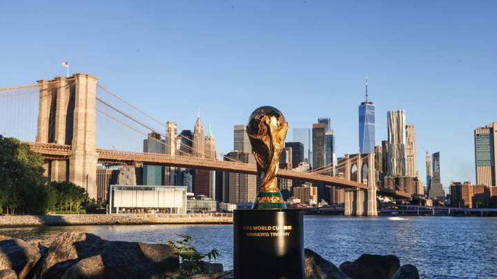 NEW YORK, NEW YORK - JULY 01: FIFA World Cup Trophy on display on July 01, 2024 in New York City. (Photo by Mike Stobe/FIFA via Getty Images)