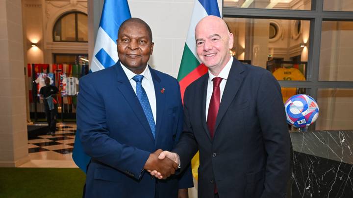 PARIS, FRANCE - JULY 26: FIFA President Gianni Infantino meets with the President of the Central African Republic Faustin-Archange Touadéra at FIFA Paris Offices on July 26, 2024 in Paris, France. (Photo by Harold Cunningham/FIFA)