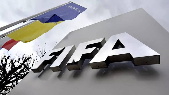 A FIFA logo next to the entrance at the FIFA headquarters