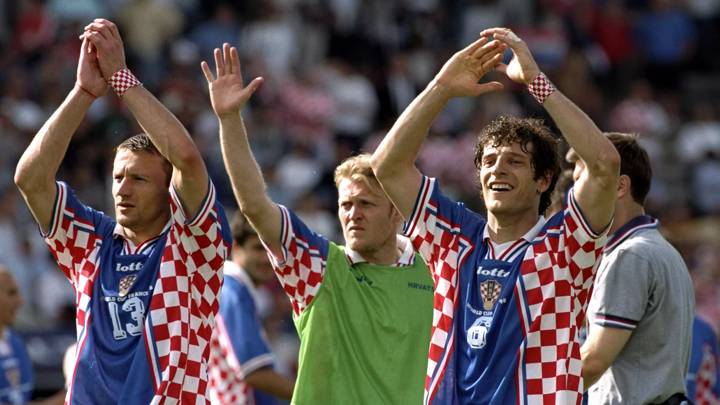 30 Jun 1998:  (Left to right) Mario Stanic, Robert Prosinecki and Slaven Bilic of Croatia applaud the fans after the World Cup second round match against Romania at the Parc Lescure in Bordeaux, France. Croatia won 1-0.  \ Mandatory Credit: Clive Brunskill /Allsport