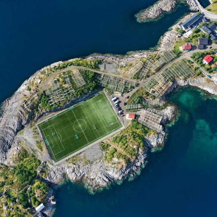 Henningsvaer. Nordic nature. Drone angle view.