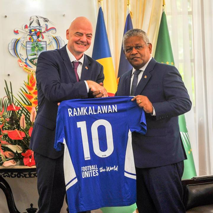 SEYCHELLES, VICTORIA - APRIL 14:  FIFA President Gianni Infantino and Seychelles President, Wavel Ramkalawan during the FIFA President visit to Seychelles at the State House Victoria, ?Mahé on April 14, 2023 in Seychelles. Photo by Segun Ogunfeyitimi