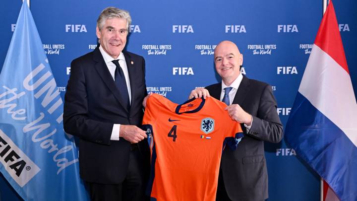 PARIS, FRANCE - JULY 22: FIFA President Gianni Infantino and Royal Dutch Football Association President Frank Paauw poses for a photo with a Virgil van Dijk jersey during a meeting on the Sidelines of the Olympic Games Paris 2024 at FIFA Paris offices on July 22, 2024 in Paris, France. (Photo by Harold Cunningham/FIFA)