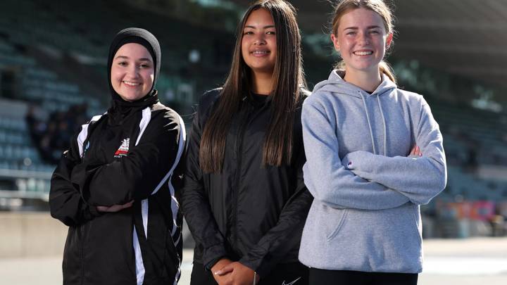 SYDNEY, AUSTRALIA - JULY 27: Aaliyah Elzein, Makaylah Cuevas and Olivia Chivers pose for a photograph during a Referees' Media Day at Sydney Olympic Park Athletic Centre on July 27, 2023 in Sydney / Gadigal, Australia. (Photo by Mark Metcalfe - FIFA/FIFA via Getty Images)