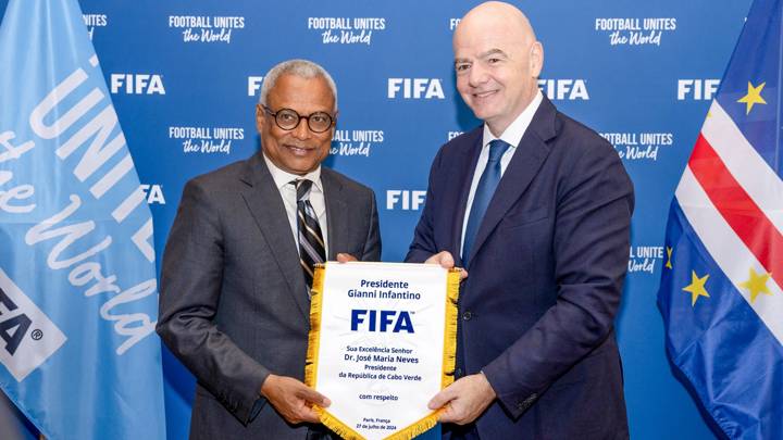 PARIS, FRANCE - JULY 27: FIFA President Gianni Infantino meets with the President of the Republic of Cabo Verde José Maria Neves at FIFA's Paris office on July 27, 2024 in Paris, France. (Photo by Léo-Paul Ridet/FIFA)