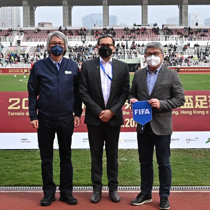 Director of FIFA Member Associations Asia & Oceania Sanjeevan C. Balasingam (M) pictured with the President of the Macau Sports Bureau, Mr. Pun Weng Kun and the  Vice Chairman of Macau Football Association Mr Chong Coc Veng.