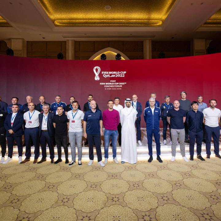 DOHA, QATAR - MAY 08: A group photo during the Post FIFA World Cup Qatar 2022  Coaches Forum on May 08, 2023 in Doha, Qatar. (Photo by Harold Cunningham/FIFA)