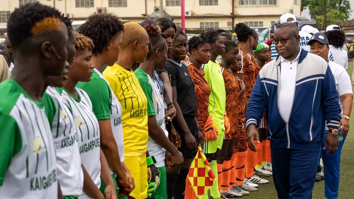 MAKENI, SIERRA LEONE - OCTOBER 15: Sierra Leone President Julius Maada Bio during the SLFA Women’s Premier League at the Wusum Stadium on October 15, 2022 in Makeni, Sierra Leone. (Photo by SLFA)