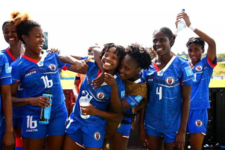  Milan Pierre-Jerome of Haiti and Roseline Éloissaint of Haiti celebrate after winning the 2023 FIFA Women's World Cup Play Off Tournament match between Senegal and Haiti