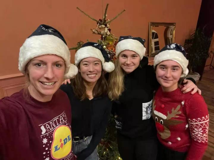 China PR and Tottenham Hotspur F.C. Women forward Tang Jiali (L 2) celebrates Christmas Eve with team mates