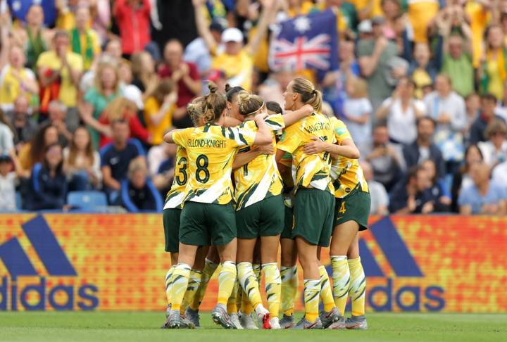 Australia celebrates after teams third goal during the 2019 FIFA Women's World Cup France group C match between Australia and Brazil at Stade de la Mosson on June 13, 2019