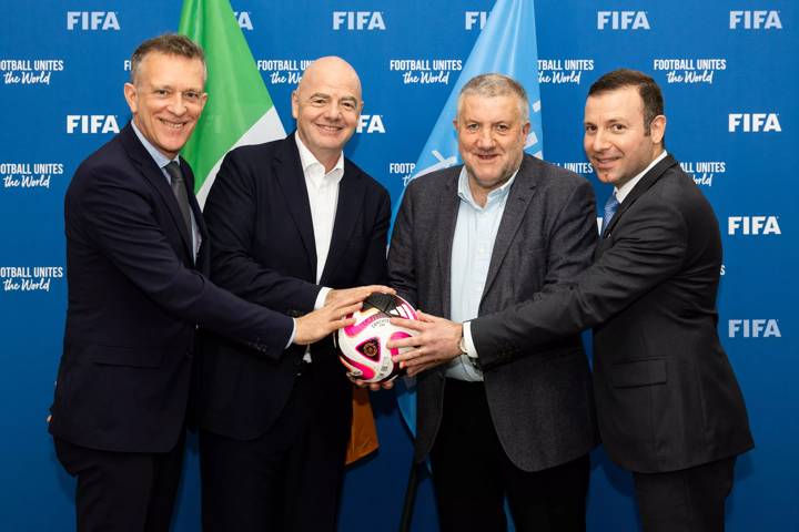 The Football Association of Ireland CEO Jonathan Hill, FIFA President Gianni Infantino, The Football Association of Ireland President Paul Cooke and FIFA Director Member Associations Europe Elkhan Mammadov during a Meeting at FIFA Paris Office