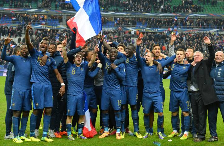 France celebrate beating Ukraine in their FIFA World Cup play-off in 2013