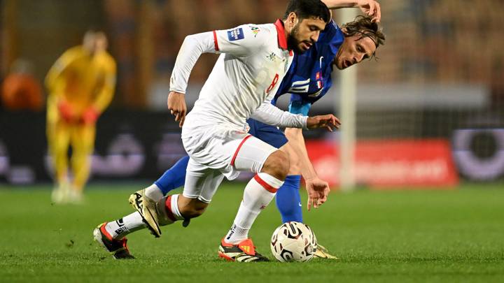 CAIRO, EGYPT - MARCH 23: Hamza Rafia of Tunisia is challenged by Luka Modric of Croatia during the FIFA Series 2024 Egypt match between Tunisia and Croatia at the Cairo International Stadium on March 23, 2024 in Cairo, Egypt. (Photo by Tullio Puglia - FIFA/FIFA via Getty Images)