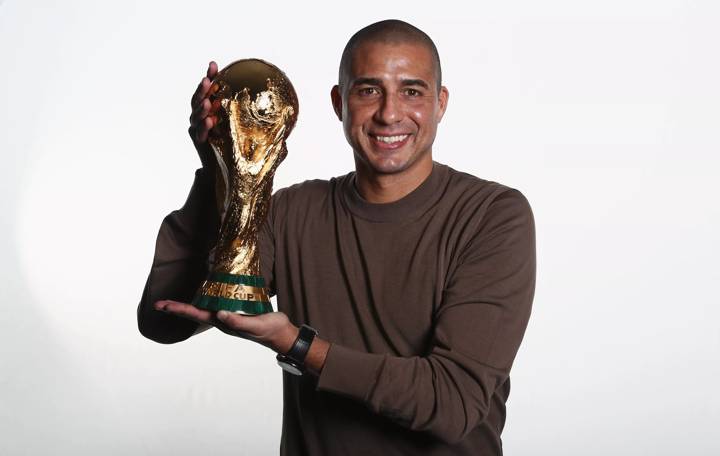 David Trezeguet of France poses with the FIFA World Cup trophy