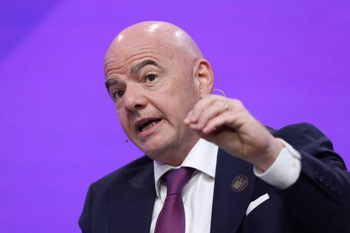 Gianni Infantino, president of the Federation International Football Association (FIFA), speaks during a panel session on day two of the Qatar Economic Forum (QEF) in Doha