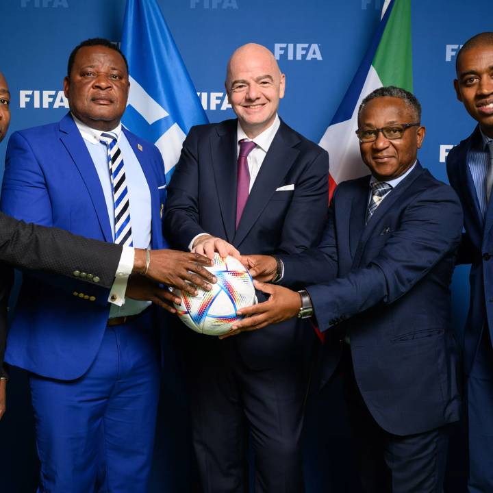 PARIS, FRANCE - SEPTEMBER 07: Equatorial Guinean Football Association Board of Directors Member Bienvenido Ateba Mangue, Equatorial Guinean Football Association President Venancio Ndong, FIFA President Gianni Infantino, Equatorial Guinean Football Association General Secretary Juan Antonio Mene and FIFA Director Member Associations Africa Gelson Fernandes meet at FIFA Paris offices on September 7, 2022 in Paris, France. (Photo by Harold Cunningham/FIFA)