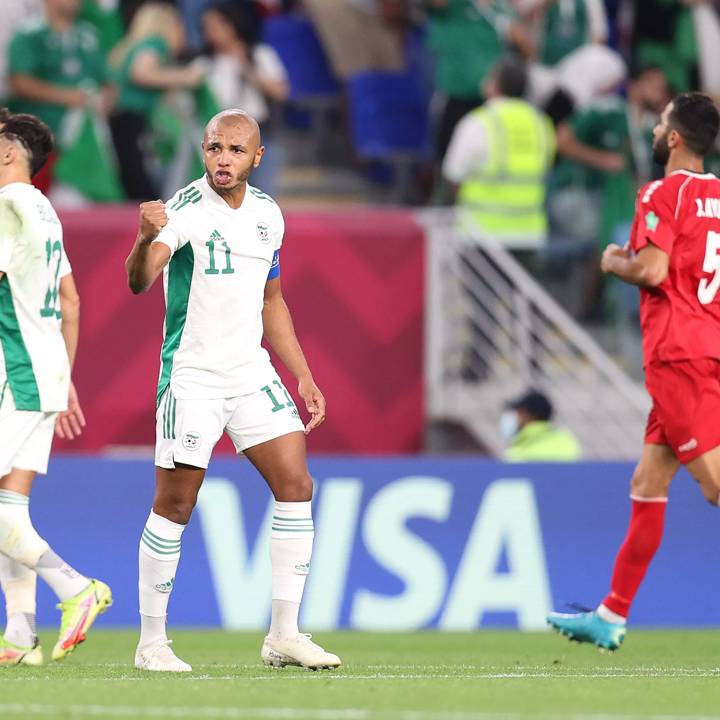 AL WAKRAH, QATAR - DECEMBER 04: Yacine Brahimi of Algeria celebrates after scoring their team's first goal during the FIFA Arab Cup Qatar 2021 Group D match between Lebanon and Algeria at Al Janoub Stadium on December 04, 2021 in Al Wakrah, Qatar. (Photo by Maddie Meyer - FIFA/FIFA via Getty Images)