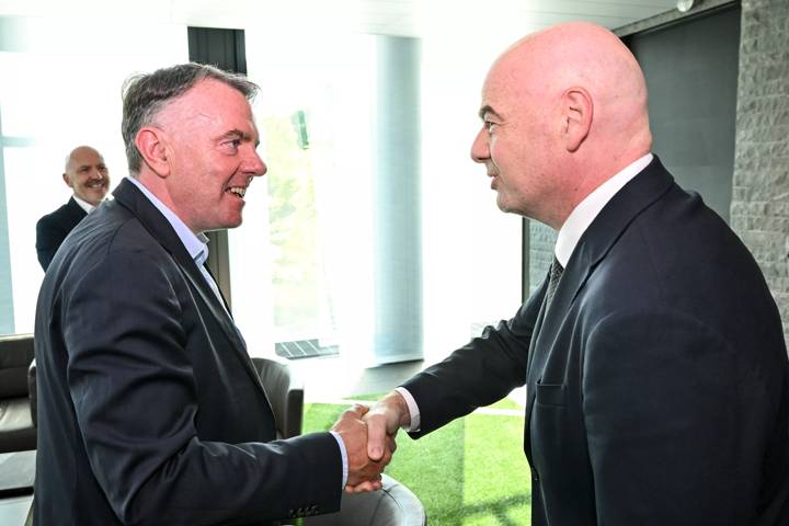 FIFA President Gianni Infantino (R) with EBU Director-General Noel Curran during a meeting with the European Broadcasting Union (EBU) at HoF, Home of FIFA