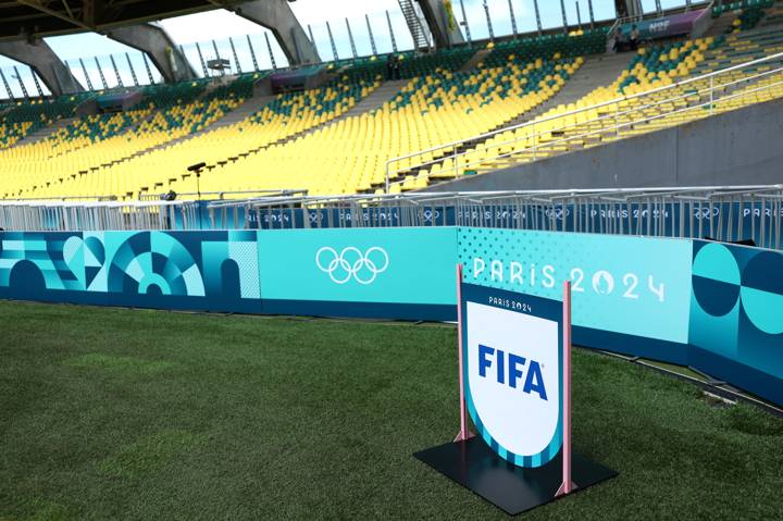 General view inside the stadium as the FIFA logo can be seen