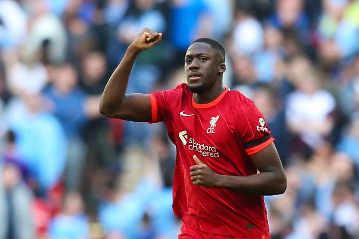 Ibrahima Konate of Liverpool celebrates scoring the opening goal during The Emirates FA Cup Semi-Final match between Manchester City and Liverpool at Wembley Stadium on April 16, 2022.