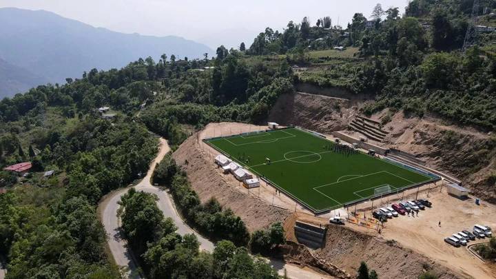 DAGANA DZONGKHAG, BHUTAN - MAY 23: An Aerial view during the inauguration of the new artificial turf pitch at Dagapela on May 23, 2024 in Dagana Dzongkhag, Bhutan. (Photo courtesy of Bhutan Football Federation)