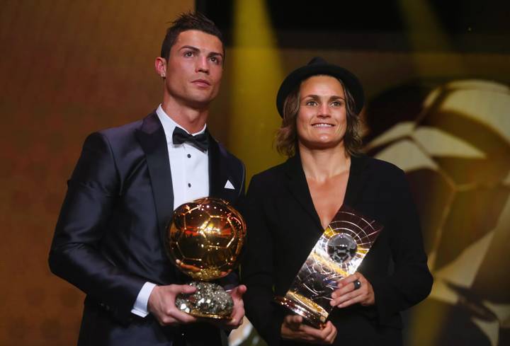 Cristiano Ronaldo and Nadine Angerer receiving their awards for 2013