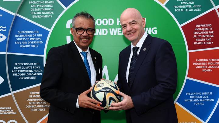 NEW YORK, NEW YORK - SEPTEMBER 22: FIFA President Gianni Infantino meets with World Health Organizationís (WHO) Director-General Dr Tedros Adhanom Ghebreyesus in New York, United States of America on September 22, 2023. (Photo by Arturo Holmes - FIFA/FIFA via Getty Images)