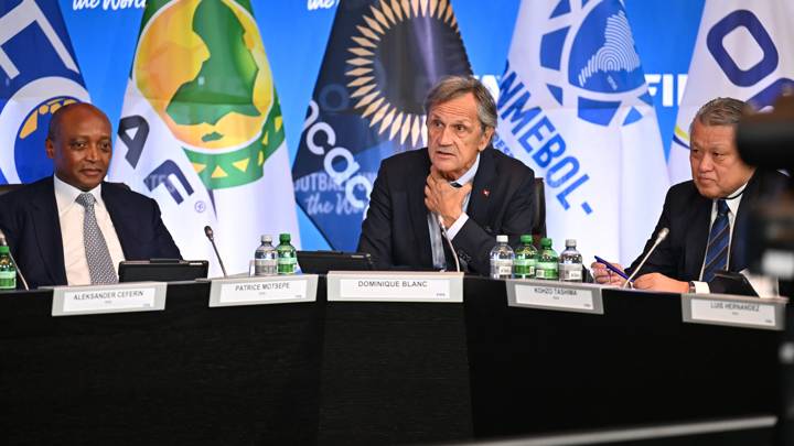 ZURICH, SWITZERLAND - OCTOBER 3: Swiss Football Association President Dominique Blanc (C) alongside FIFA Vice-President and CAF President Patrice Motsepe (L) and FIFA Council Member Kohzo Tashima during the FIFA Council Meeting No.29 at Home of FIFA on October 3, 2024 in Zurich, Switzerland. (Photo by Harold Cunningham/FIFA)