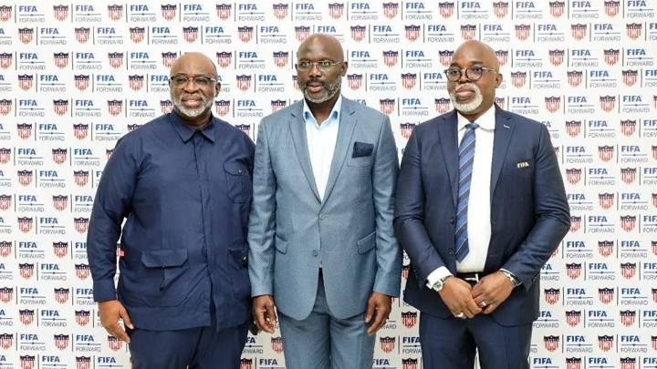 MONROVIA, LIBERIA - APRIL 28: President of Liberia George Weah (C) and FIFA Council Member Amaju Pinnick (R) during the inauguration of the headquarters of Liberia Football Association (LFA) on April 28, 2023 in Monrovia, Liberia. (Photo provided by LFA)