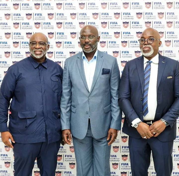 MONROVIA, LIBERIA - APRIL 28: President of Liberia George Weah (C) and FIFA Council Member Amaju Pinnick (R) during the inauguration of the headquarters of Liberia Football Association (LFA) on April 28, 2023 in Monrovia, Liberia. (Photo provided by LFA)