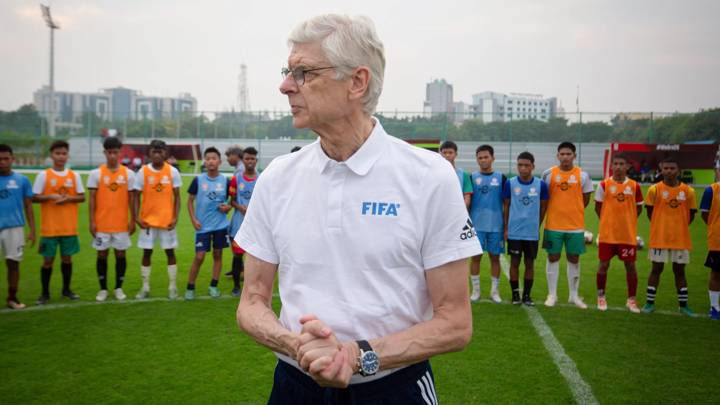 BHUBANESHWAR, INDIA - NOVEMBER 21: FIFA Chief of Global Football Development Arsene Wenger interacts with students at the Odisha Football Academy which houses the AIFF-FIFA Talent Academy on November 21, 2023 in Bhubaneshwar, India. (Photo by Abhishek Chinnappa - FIFA/FIFA via Getty Images)