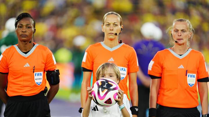 BOGOTA, COLOMBIA - AUGUST 31: Referee Ivana Martinčić with official match ball carrier prior to the Group A FIFA U-20 Women's World Cup Colombia 2024 match between Colombia and Australia at Estadio El Campin on August 31, 2024 in Bogota, Colombia.  (Photo by Andres Rot - FIFA/FIFA via Getty Images)