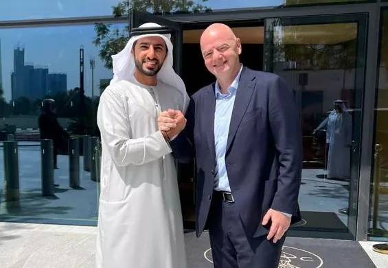 FIFA President Gianni Infantino meeting with United Arab Emirates Football Association President Sheikh Rashid Al Nuaimi on March 11, 2023 in Dubai, United Arab Emirates. (Photo by FIFA)