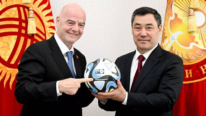 BISHKEK, KYRGYZ REPUBLIC - MAY 05: FIFA President Gianni Infantino and President of Kyrgyzstan Sadyr Japarov pose with "OCEAUNZ", the Official Match Ball of the FIFA Women's World Cup 2023 during a meeting between FIFA President Gianni Infantino and President of Kyrgyzstan Sadyr Japarov as part of the FIFA President Gianni Infantino Visit to Kyrgyz Republic on May 05, 2023 in Bishkek, Kyrgyz Republic. (Photo by KFU)