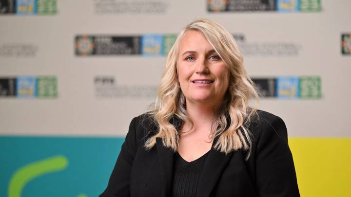 SYDNEY, AUSTRALIA - AUGUST 18: Emma Hayes OBE is interviewed during the FIFA Women's Football Convention at the International Convention Centre, Darling Harbour on August 18, 2023 in Sydney / Gadigal, Australia. (Photo by Harold Cunningham/FIFA)