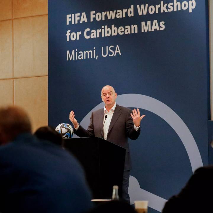 MIAMI, FLORIDA - SEPTEMBER 27: FIFA President Gianni Infantino speaks during the FIFA Forward Workshop With Caribbean Member Associations at Mandarin Oriental Hotel on September 27, 2023 in Miami, Florida. (Photo by Eva Marie Uzcategui - FIFA/FIFA via Getty Images)