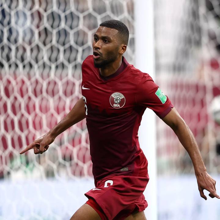 AL KHOR, QATAR - NOVEMBER 30: Abdulaziz Hatem of Qatar celebrates after scoring their team's first goal during the FIFA Arab Cup Qatar 2021 Group A match between Qatar and Bahrain at Al Bayt Stadium on November 30, 2021 in Al Khor, Qatar. (Photo by Francois Nel - FIFA/FIFA via Getty Images)