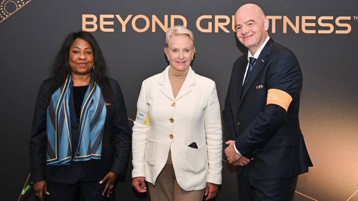 SYDNEY, AUSTRALIA - AUGUST 16: FIFA President Gianni Infantino with FIFA Secretary General Fatma Samoura (L) and Executive Director of the World Food Programme Cindy McCain (C) during the FIFA Women's World Cup Australia & New Zealand 2023 Semi Final match between Australia and England at Stadium Australia on August 16, 2023 in Sydney / Gadigal, Australia. (Photo by Harold Cunningham/FIFA)