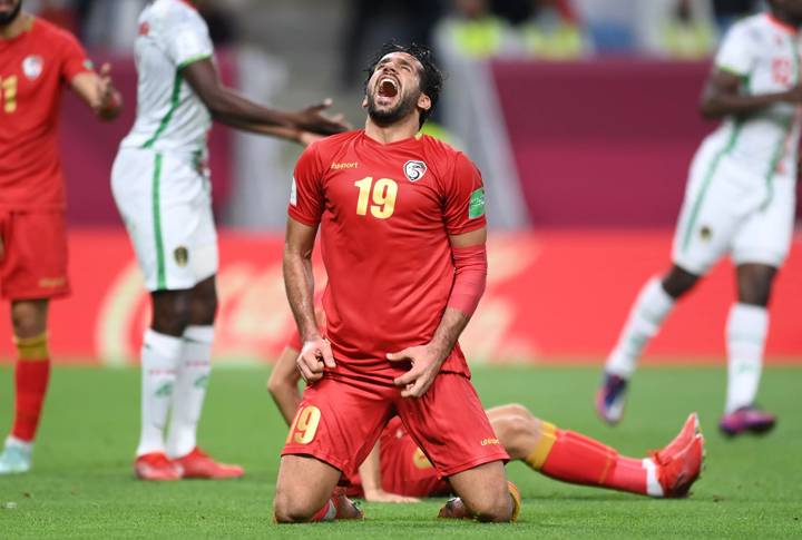 Moaiad Alkhouli of Syria reacts after a missed chance the FIFA Arab Cup Qatar 2021 Group B match between Syria and Mauritania