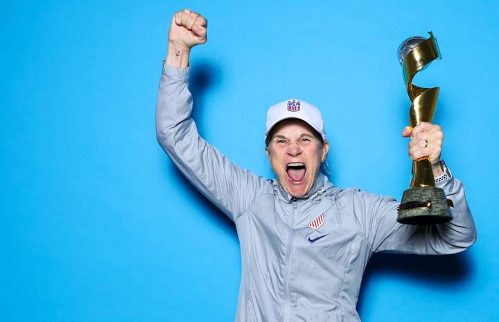 USA coach Jill Ellis celebrates with the trophy