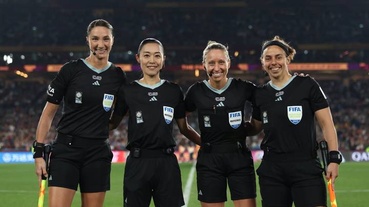 SYDNEY, AUSTRALIA - AUGUST 20: Match officials Tori Penso, Brooke Mayo, Katie Nesbitt and Yoshimi Yamashita pose prior to  the FIFA Women's World Cup Australia & New Zealand 2023 Final match between Spain and England at Stadium Australia on August 20, 2023 in Sydney / Gadigal, Australia. (Photo by Alex Pantling - FIFA/FIFA via Getty Images)