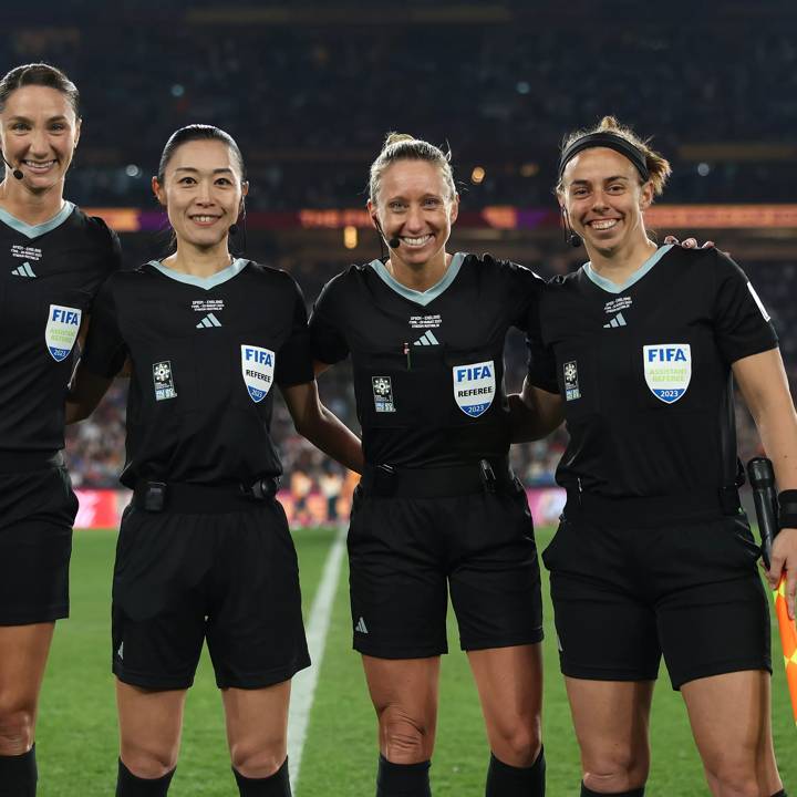 SYDNEY, AUSTRALIA - AUGUST 20: Match officials Tori Penso, Brooke Mayo, Katie Nesbitt and Yoshimi Yamashita pose prior to  the FIFA Women's World Cup Australia & New Zealand 2023 Final match between Spain and England at Stadium Australia on August 20, 2023 in Sydney / Gadigal, Australia. (Photo by Alex Pantling - FIFA/FIFA via Getty Images)